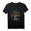 Lebensbaum Yggdrasil Design T-Shirt mit Blumen, Vögeln und Schmetterlingen – Klassisch geschnitten, doppelt genähter Saum, perfekt für Natur- und Mythologie-Liebhaber